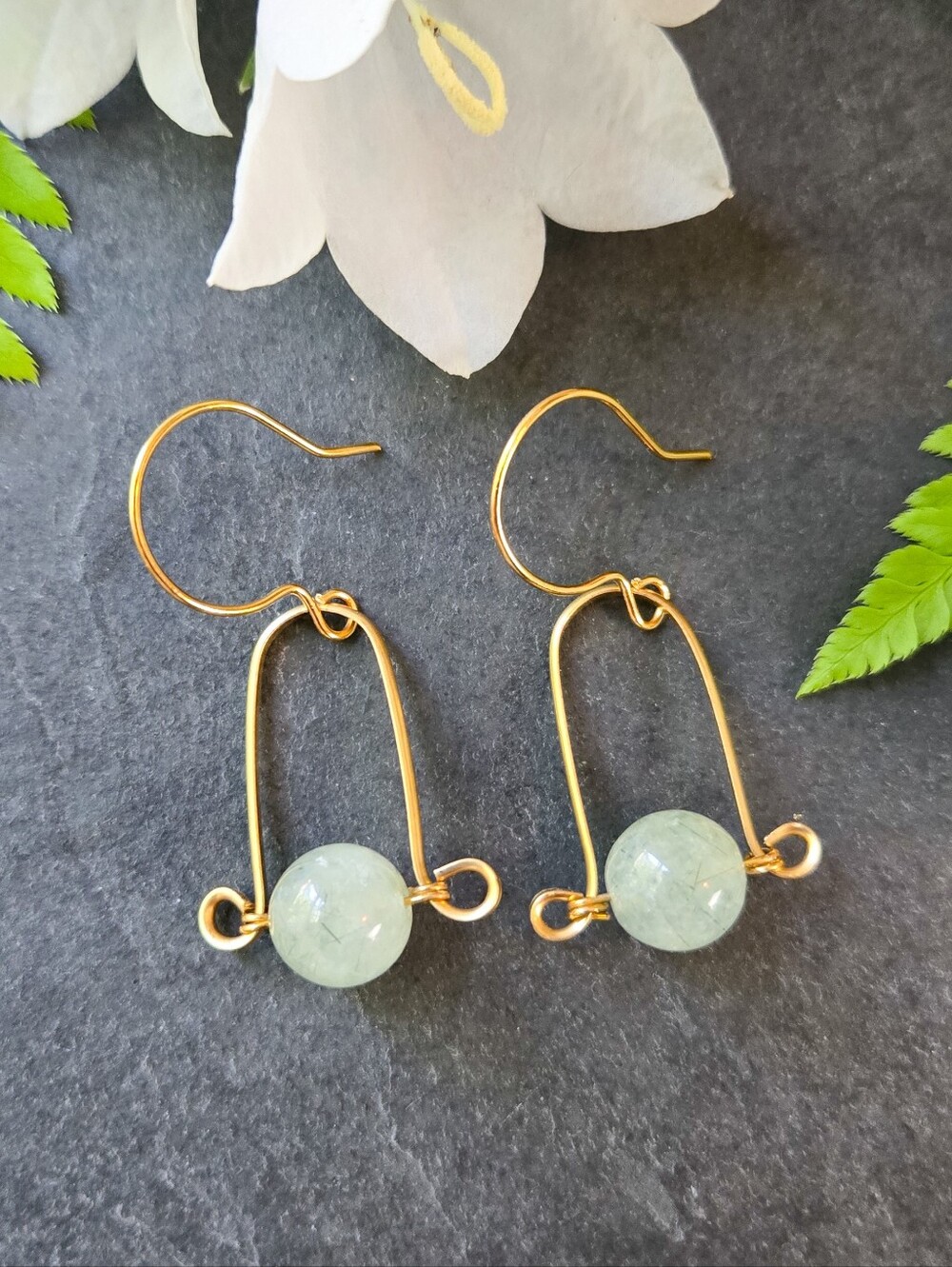 NWT Artisan-Made Green Prehnite Stone Brass Frame Earrings